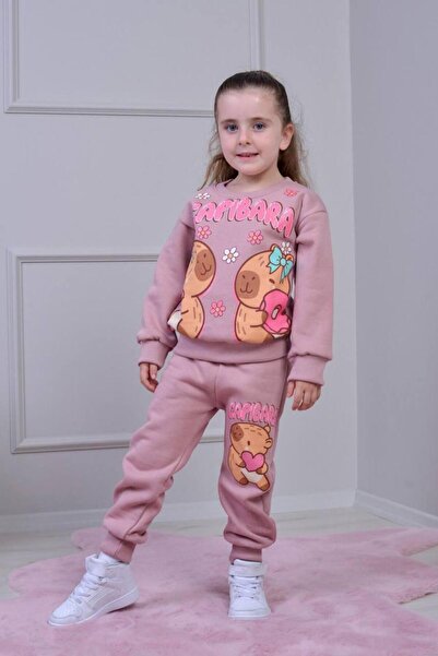 Doriva kids 3-10 Yaş Capibara Desenli Kız Çocuk Eşofman Takımı – Gül Kurusu