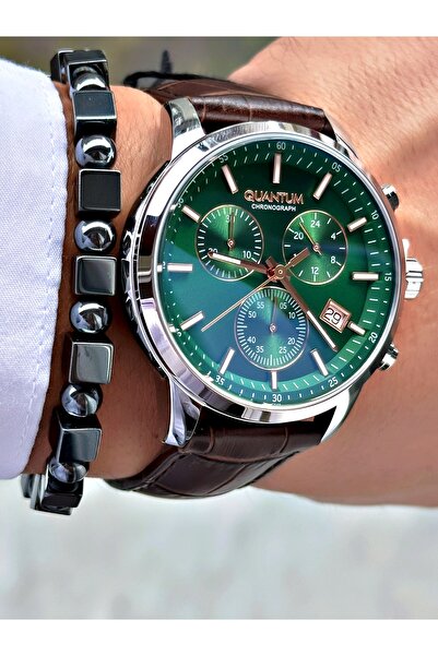 Quantum Functional Leather Cord Brown-Green Color Steel Case Men's Wristwatch 1197.372