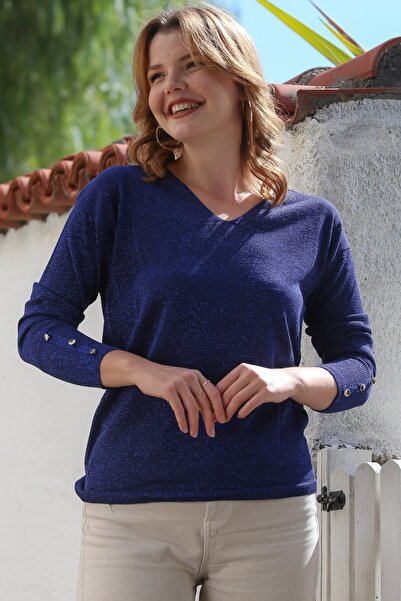 Chiccy Синій V-подібний комір, довгі рукави, застібка на ґудзики, тонкий трикотажний светр з блискітками 63 58