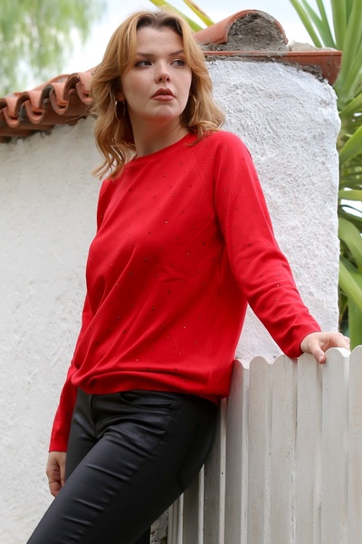 Chiccy Red Round Neck Long Sleeve Slim Beaded Knitwear Sweater 0 0