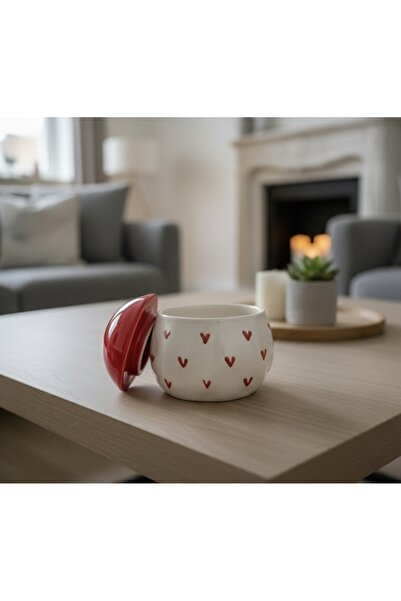 Kotium Ceramics Special Embossed Hand-Painted Ceramic Sugar Bowl with Lid, Embossed Textured Red Heart Pattern