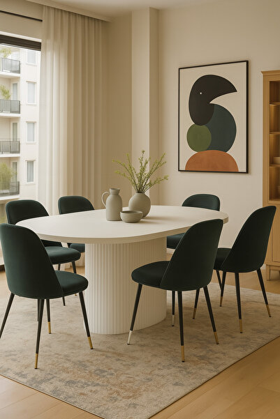 Arvessohome Dolunay 180x90x75cm (36MM KALIN KENARLI) Oval Beyaz Sütunlu Yemek...