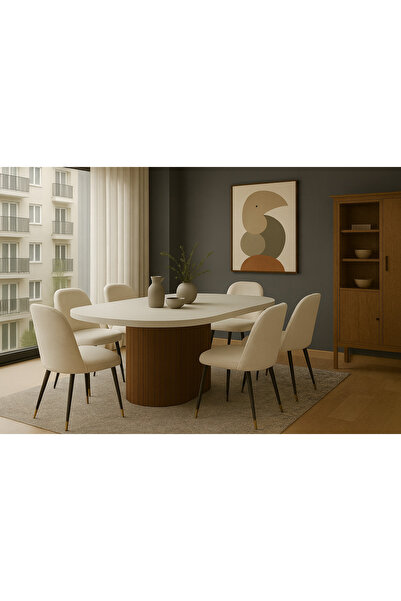 Arvessohome Dolunay 180x90x75cm (36MM KALIN KENARLI) Oval Beyaz Sütunlu Yemek...