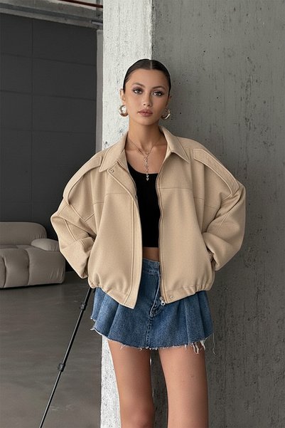 mega lucky Premium Oversize Women's Bomber Beige Suede Leather Jacket