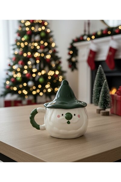 Kotium Ceramics كوب سانتا كلوز الأخضر مع قبعة، كوب سيراميك مصنوع يدويًا بالكامل مع نقش بارز خاص بعيد الميلاد