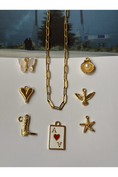 roshel Çelik Ataç Zincir ve 7 Adet Charm Kolye Yapım Seti 10 Adet Halka AS