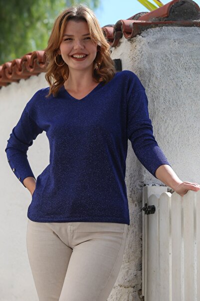 Chiccy Синій V-подібний комір, довгі рукави, застібка на ґудзики, тонкий трикотажний светр з блискітками 63 58