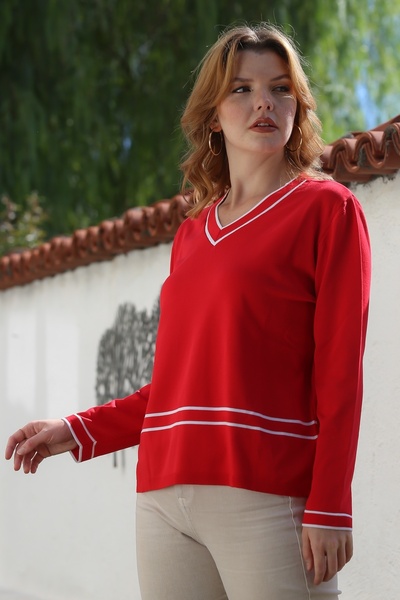 Chiccy Red V-Neck Long Sleeve Slit Striped Knitwear Sweater 65 60