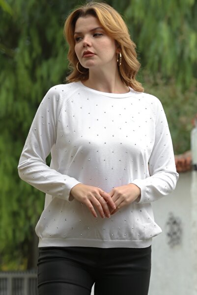 Chiccy Ecru Round Neck Long Sleeve Thin Beaded Knitwear Sweater 0 0