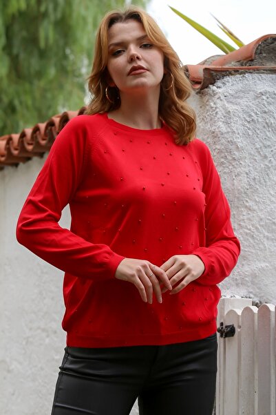 Chiccy Red Round Neck Long Sleeve Slim Beaded Knitwear Sweater 68 66