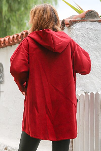 Chiccy Italian Red Hooded Long Sleeve Zippered Pocket Casual Cashmere Woven Coat 80 75