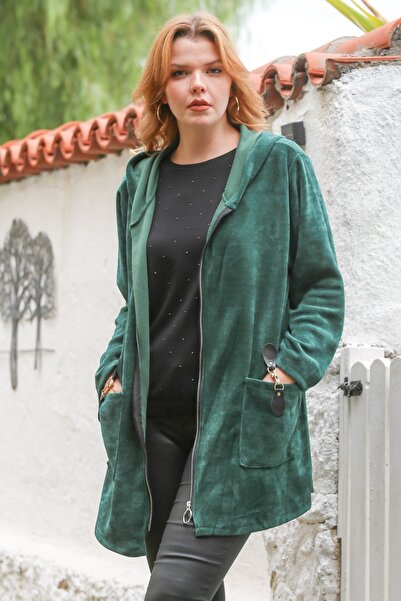 Chiccy Italian Green Hooded Long Sleeve Zippered Pocket Casual Velvet Woven Jacket 80 75