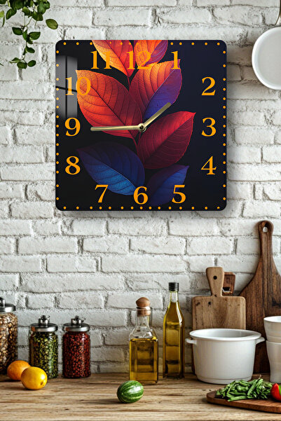kutuTR Colored Leaf Pattern Tempered Glass Square Clock 33X33 cm Size Uv Printing - Kcs069