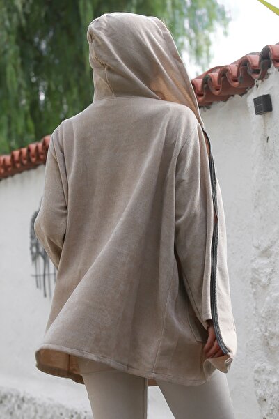 Chiccy Italian Beige Hooded Long Sleeve Zippered Pocket Casual Corduroy Fabric 80 75