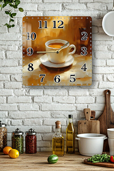 kutuTR Coffee Cup Themed Tempered Glass Square Clock 33X33 cm Size Uv Printing - Kcs062