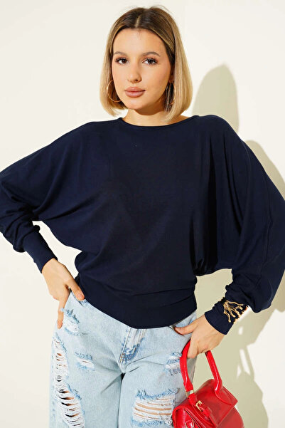 Zerenyus Batwing Sleeve Casual Blouse Navy Blue