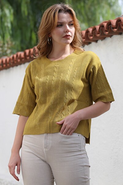 Chiccy Culoare muștar Gât rotund Mânecă scurtă Tricotat cu model Bluză tricotată cu fante 56 59