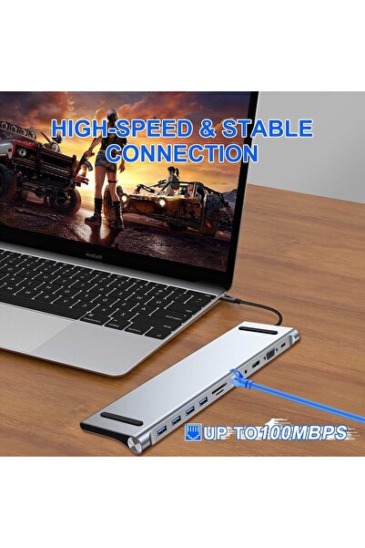 Generic محطة إرساء USB C 11 في 1 مع HDMI بدقة 4K وVGA وقارئ SD/TF و4 منافذ USB 3.0 وRJ45 - محول لـ