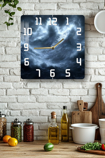 kutuTR Storm Wave Themed Tempered Glass Square Clock 33X33 cm Size Uv Printing - Kcs054