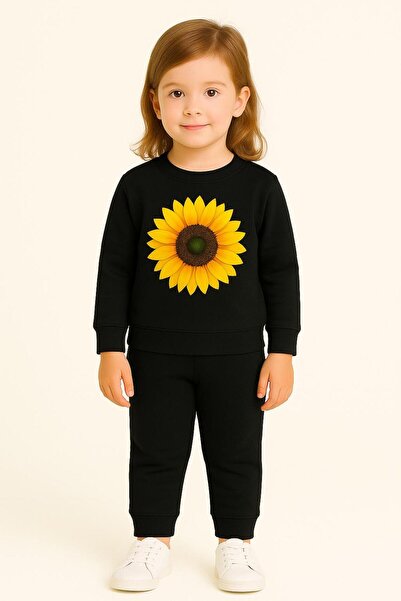 playwear Κοριτσίστικο μαύρο σετ φούτερ με σχέδιο ηλίανθου 3 4 5 6 7 8 9 10 11...