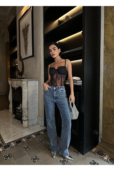 Diviny Γυναικείο τζιν παντελόνι με ψηλόμεσο πέτο με λεπτομέρεια από πέτρα σε μπλε σχέδιο Palazzo