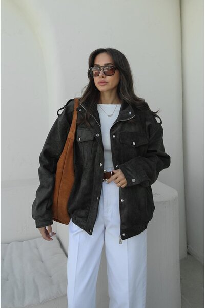 Havoş Khaki Premium Fabric Leather Suede Jacket