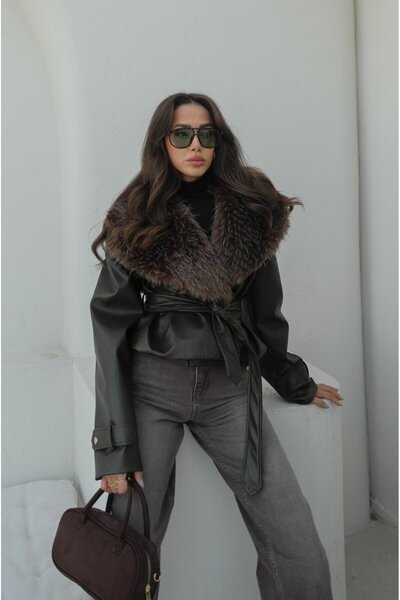 Havoş Δερμάτινο μπουφάν με χακί γιακά και λεπτομέρεια από γούνα