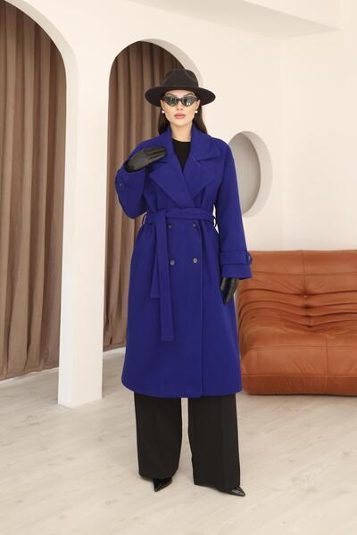 polle Kadın Saks Mavi Kruvaze Oversize Kuşaklı Uzun Kaşe Kaban