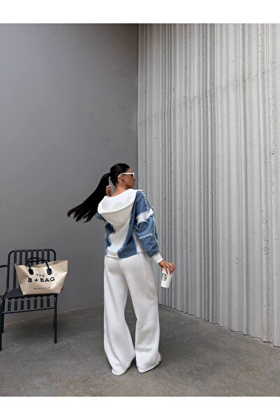 bonibon butikk Women's Quality Luxury Embroidered 3 Thread Denim Detailed Top and Bottom Set