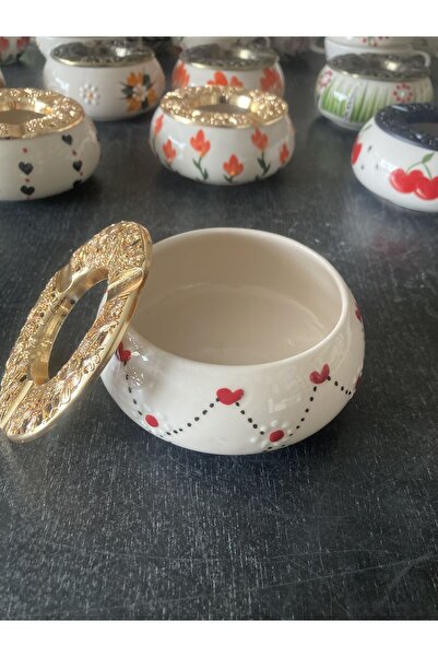 RGS HOMELİFE Handmade Ashtray with Flower and Fruit Patterns with Lid, Decorative Gift Presentation Tray