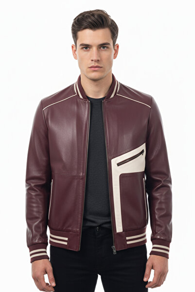 ECOTİQUE معطف جلد أصلي للرجال بقصة ضيقة باللون العنابي من برايم ليذر