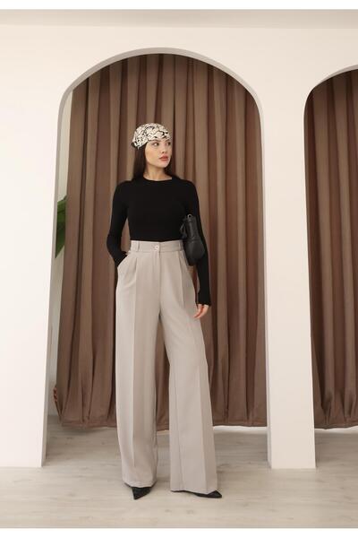 Hazel Kadın Gri Arkası Lastikli Palazzo Pantolon