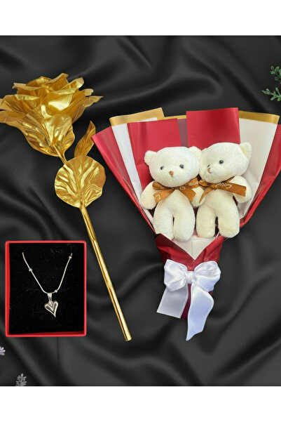 Linalux Gifts Hediye Seti - Mini Ayıcık Buketi - Gold Sonsuzluk Gülü - Çelik ...