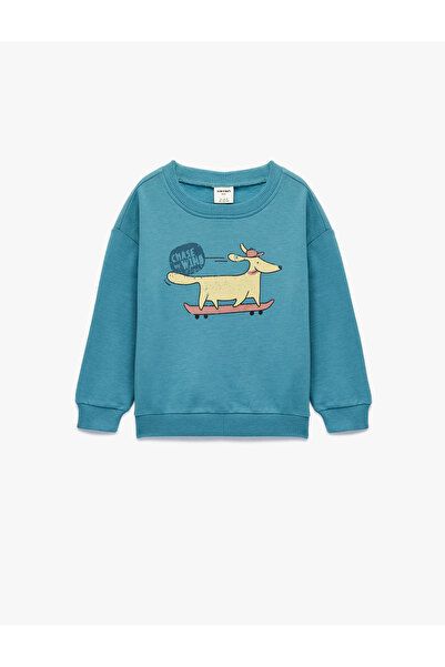 Koton Pamuklu Uzun Kollu Bisiklet Yaka Köpek Baskılı Sweatshirt