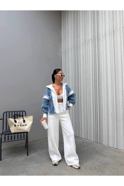 bonibon butikk Women's Quality Luxury Embroidered 3 Thread Denim Detailed Top and Bottom Set