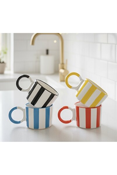 SırART 4' Knot Handle Strip Patterned Special Embroidered Handmade Ceramic Mug