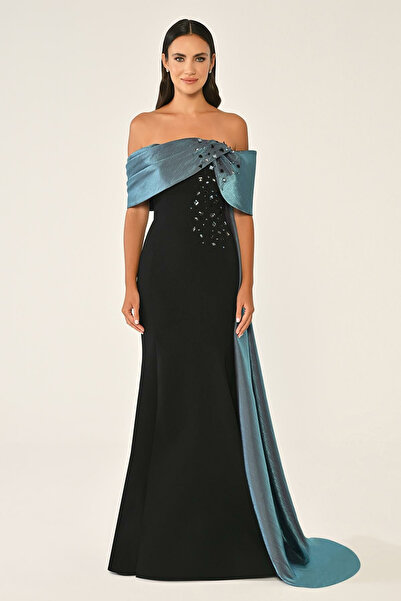 ALFABETA Alpha Beta Off-the-Shoulder Crepe Evening Dress with Train and Top Accessory