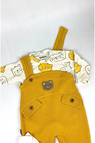 Maxi İdol Teddy Bear Patterned Baby Boy 3-Piece Set – 100% Organic Cotton Bodysuit, Salopet and Socks Set