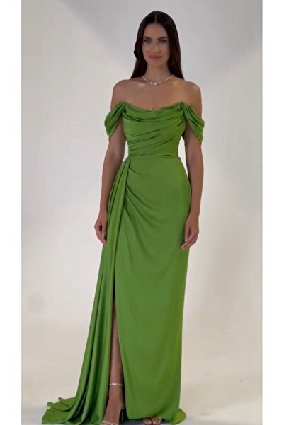 ALFABETA Women's Long Satin Evening Dress with Side Slit and Off Shoulder Prom Dress