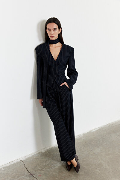 FACETTE Striped High Waist Palazzo Pants Navy Blue