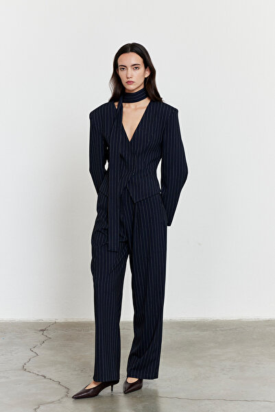 FACETTE Striped High Waist Palazzo Pants Navy Blue