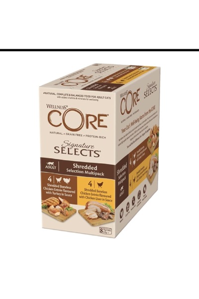 CORE ويلنس كور مولتي باك علب دجاج وكبد الدجاج ×4 ودجاج وديك رومي ×4 في صوص للقطط 8×79 جم