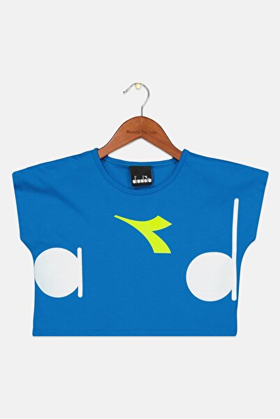 Diadora بلوزة مطبوع بأكمام قصيرة ورقبة دائرية للبنات الصغار، لون أزرق