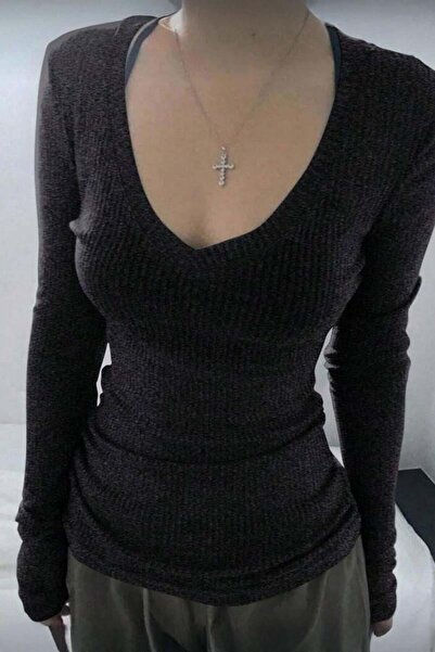 Karakedi Body crop cu mânecă lungă, cu decolteu în V, de bază, în stil Y2K