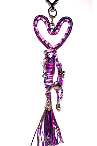 She Sells El Yapımı Aşk Charmı – Mor & Pembe Kalpli Püsküllü Çanta Süsü