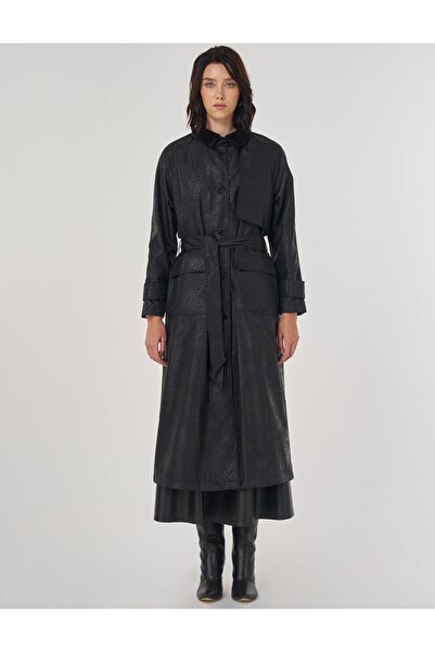 Kayra Kadife Yakalı Uzun Trençkot Siyah