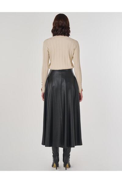 Kayra Yüksek Bel Suni Deri Etek Siyah