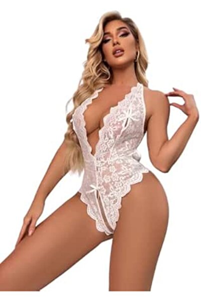 Lamis Nawar Lingerie Delicate Lace Teddy Bodysuit - Plus Size, Deep V-Neck (Model 488)
