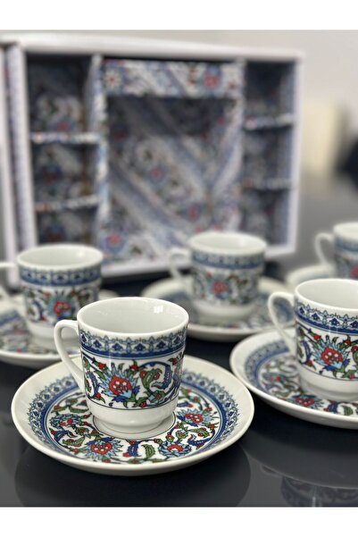 Ecvatorline Store Desenli Porselen Kahve Fincan Seti – 6’lı Kupa ve Tabak Takımı