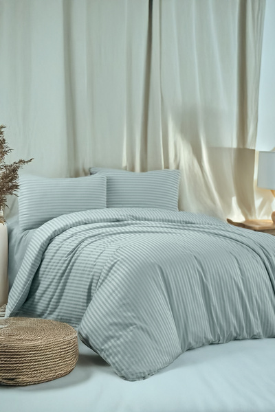 evdehome Set de lenjerie de pat din satin cu dungi din bumbac |   Cearșaf elastic + Husă de pilota + 2 fețe de pernă